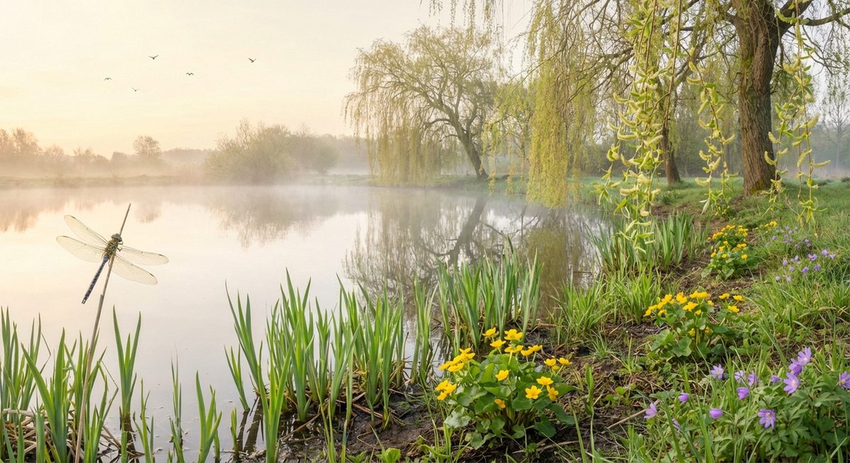 Teich im Frühling mit ersten Libellen
